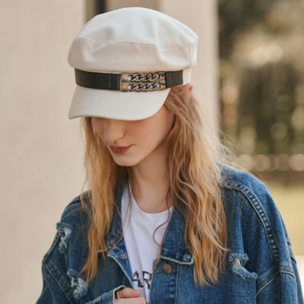 White Women's Beret Hat w/ Chain Decorated Peaked Cap Newspaper Hat Vintage - Picture 6 of 10